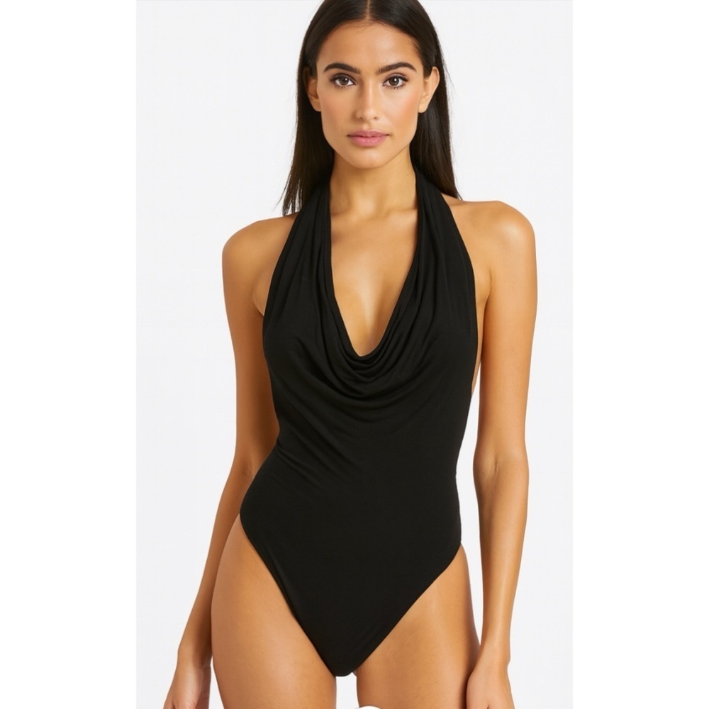 Lover’s and Friends Black Halter Open Back Scoop Gathered Neckline Bodysuit S